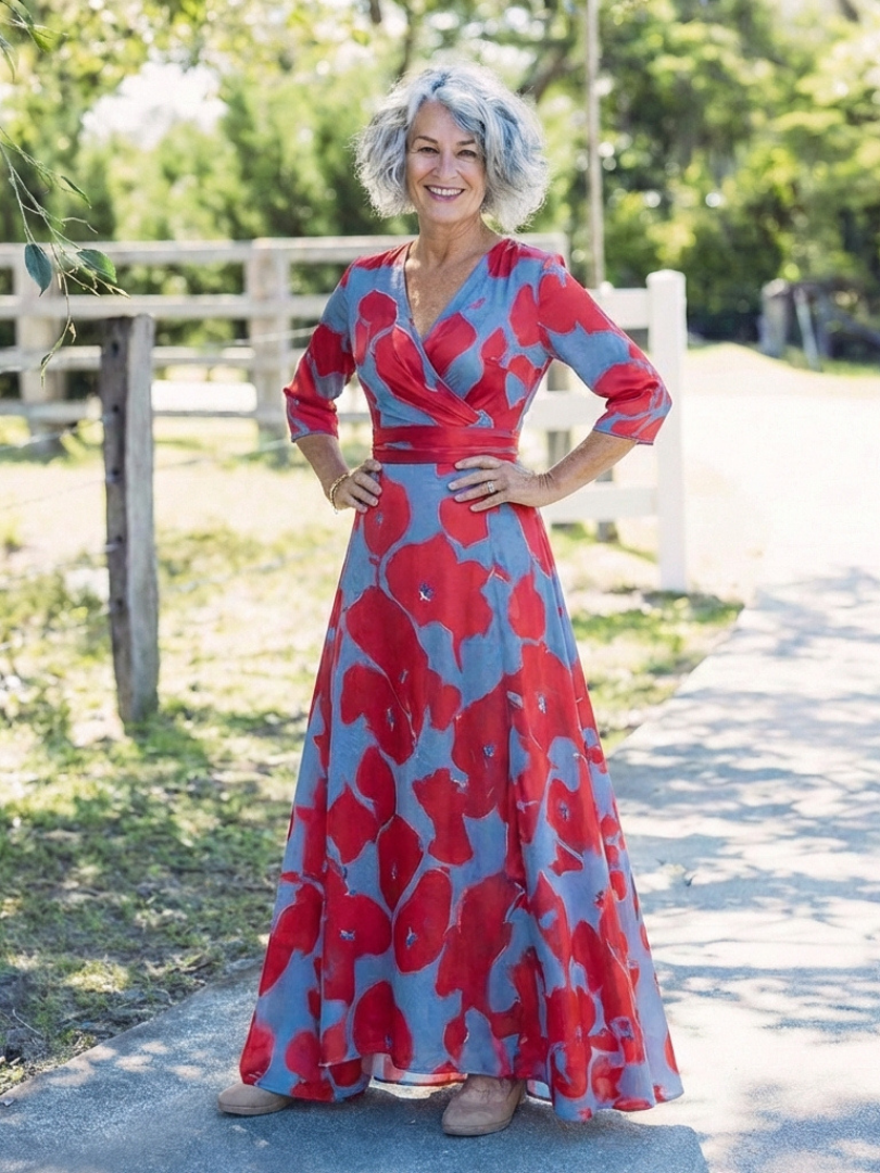 Danielle | Dreiviertelarm V-Ausschnitt Blumen Maxi Kleid