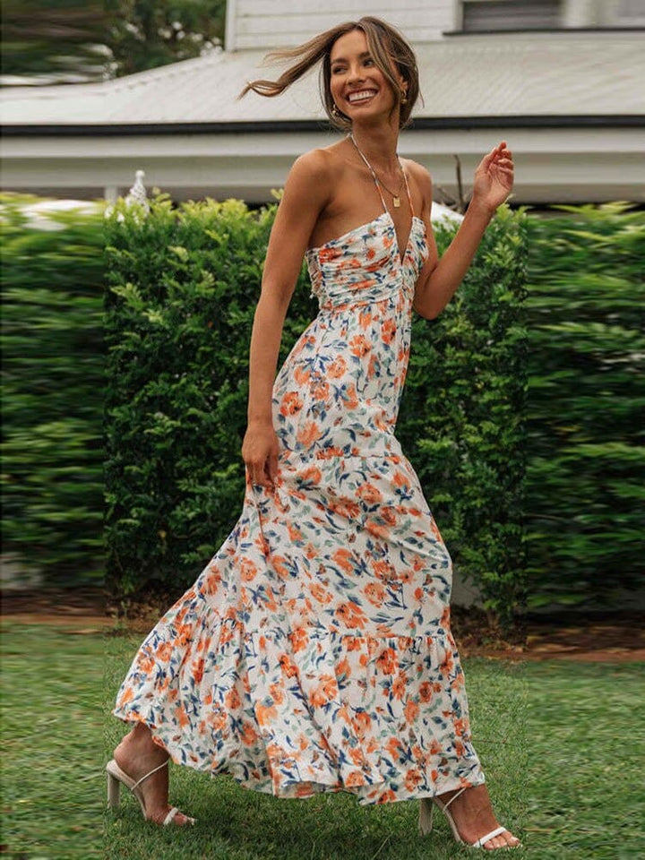 Elin Sommerliche Hochzeitsgäste Kleid mit Orangen Blumen und V-Ausschnitt