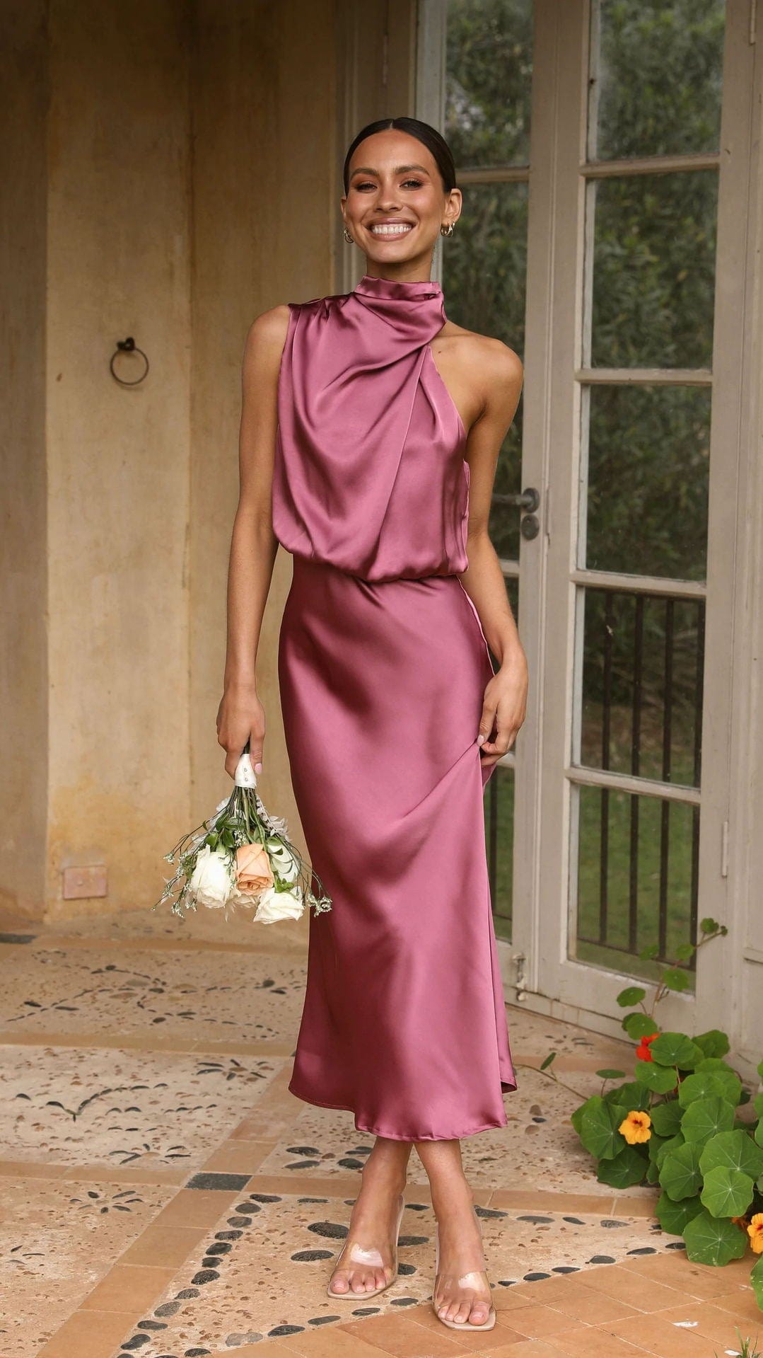 Rochella | Elegante Kleid mit Hohem Kragen Altrosa