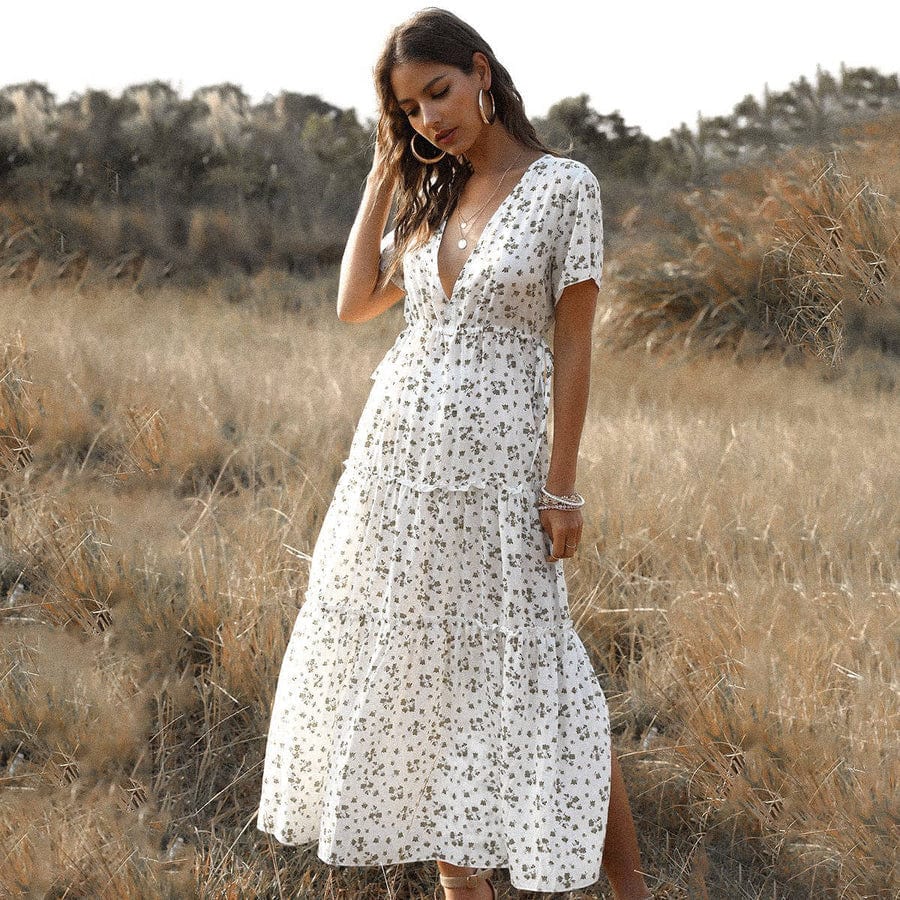 Tess Weiße Lange Sommerkleid mit Print und langen Ärmeln
