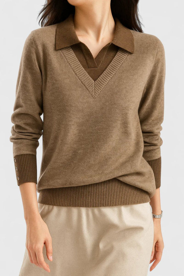 Mila | Damen V-Ausschnitt Polo-Pullover mit Knopfmanschetten