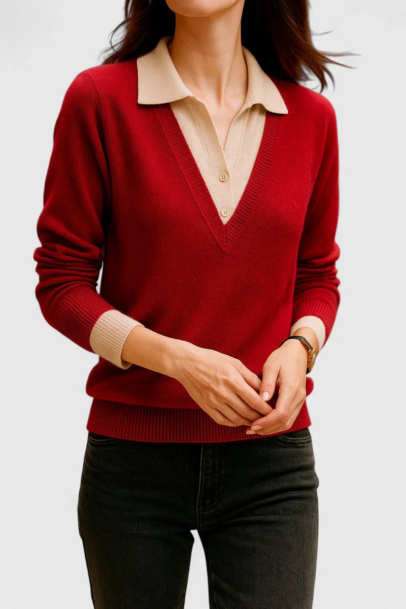 Mila | Damen V-Ausschnitt Polo-Pullover mit Knopfmanschetten
