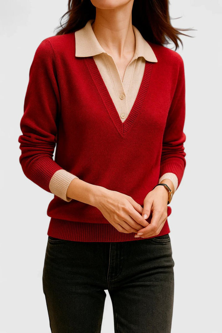 Mila | Damen V-Ausschnitt Polo-Pullover mit Knopfmanschetten