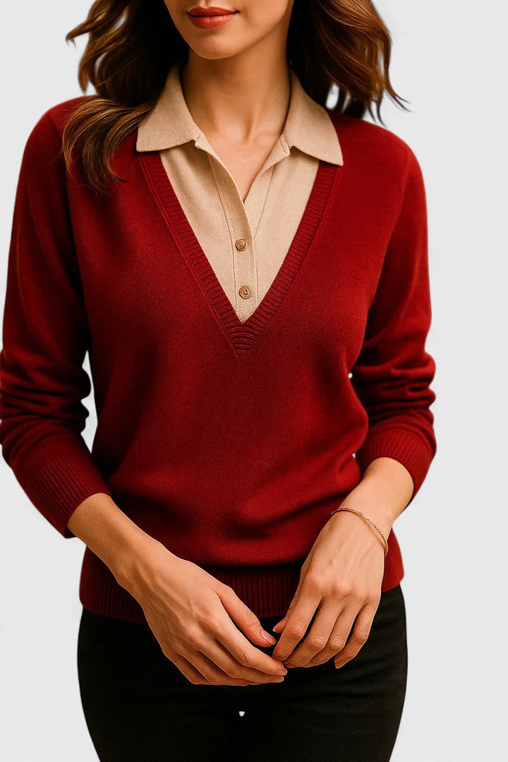 Mila | Damen V-Ausschnitt Polo-Pullover mit Knopfmanschetten