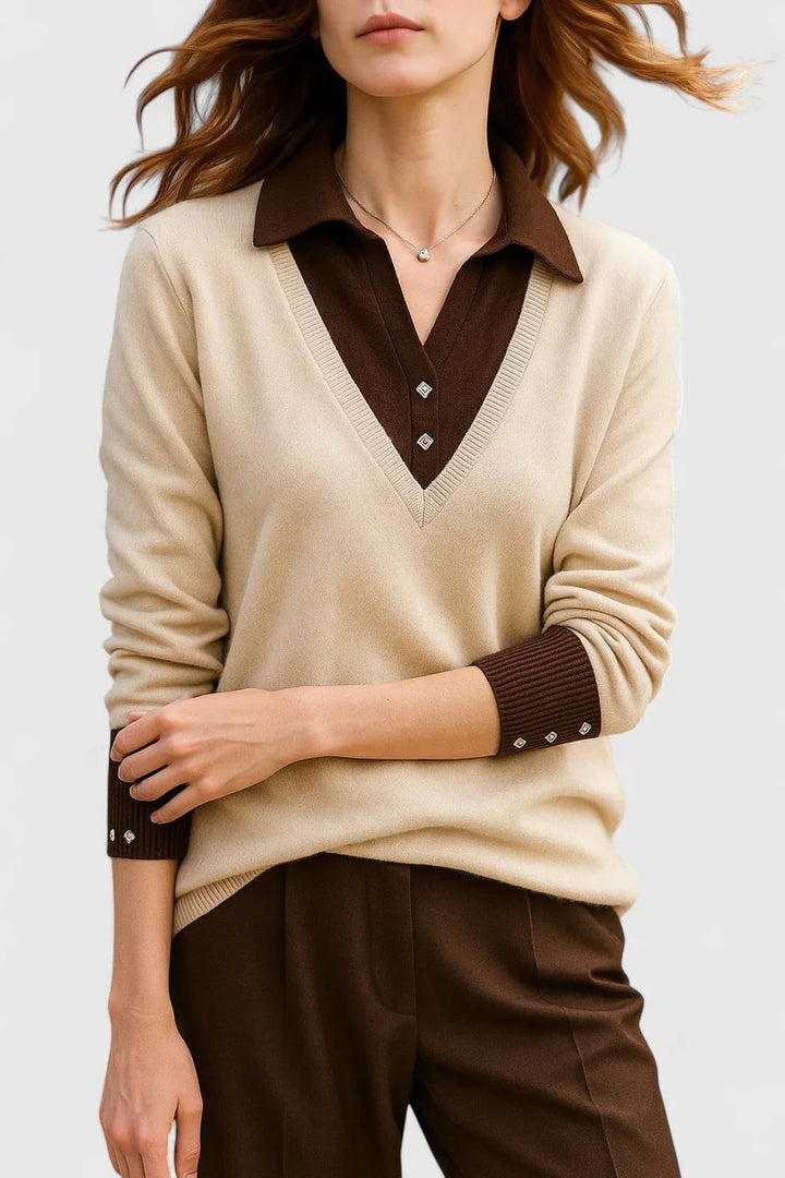 Mila | Damen V-Ausschnitt Polo-Pullover mit Knopfmanschetten