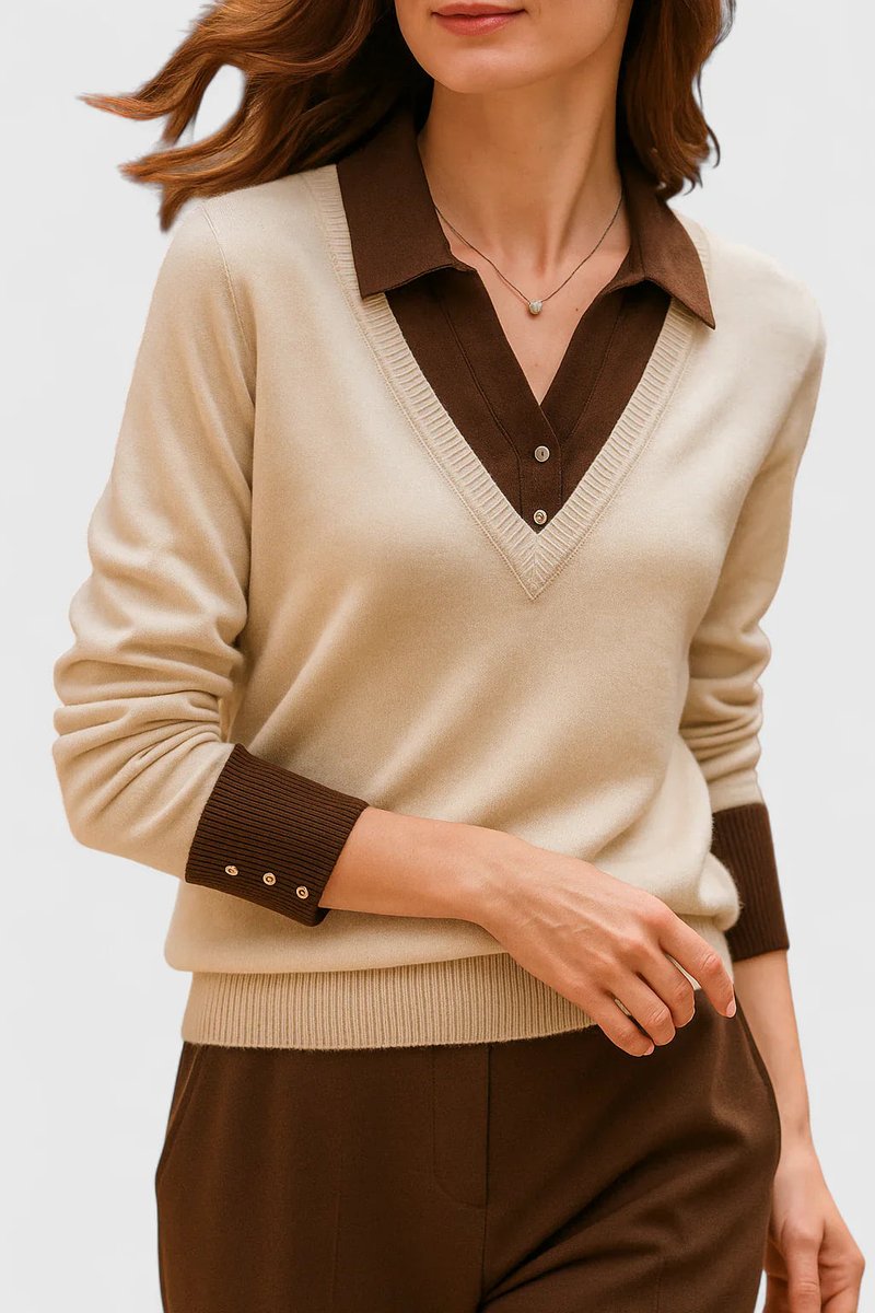 Mila | Damen V-Ausschnitt Polo-Pullover mit Knopfmanschetten