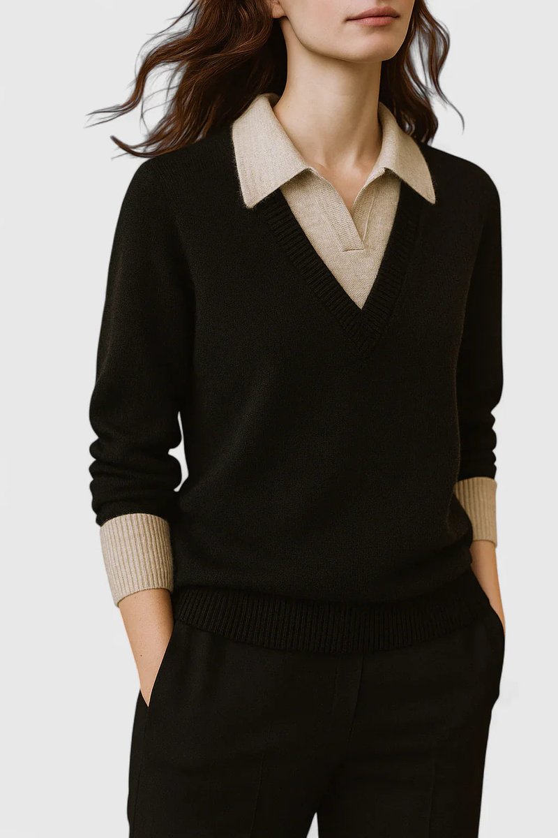 Mila | Damen V-Ausschnitt Polo-Pullover mit Knopfmanschetten