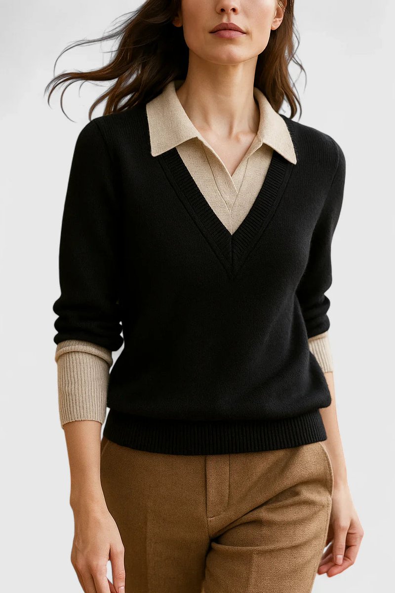 Mila | Damen V-Ausschnitt Polo-Pullover mit Knopfmanschetten