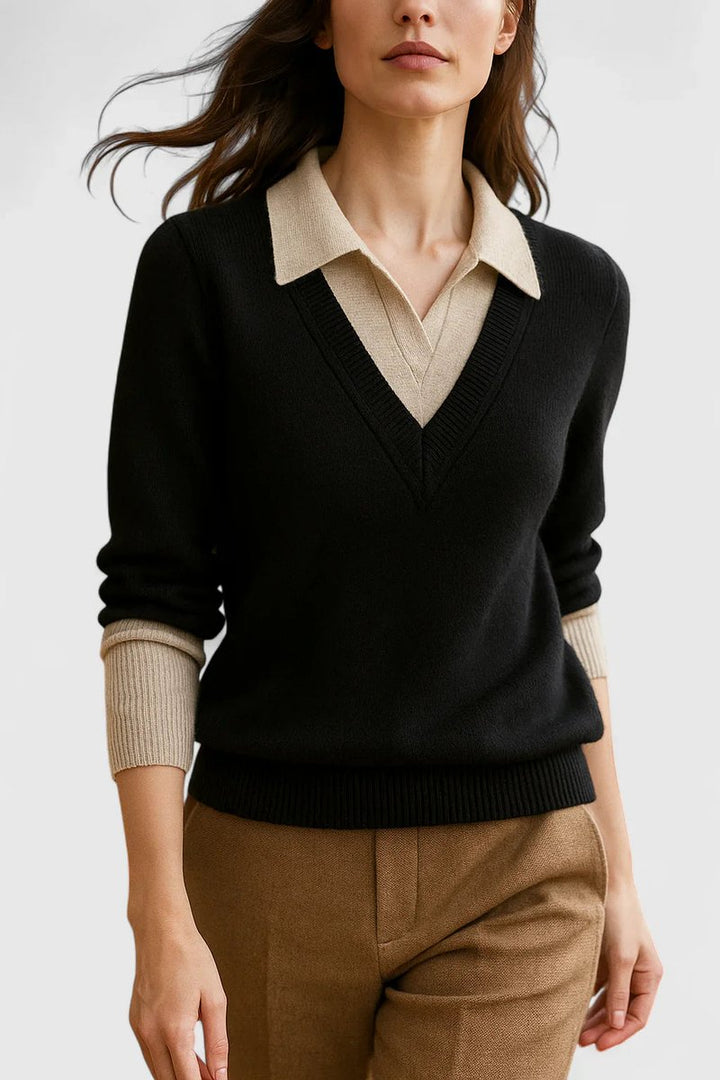 Mila | Damen V-Ausschnitt Polo-Pullover mit Knopfmanschetten