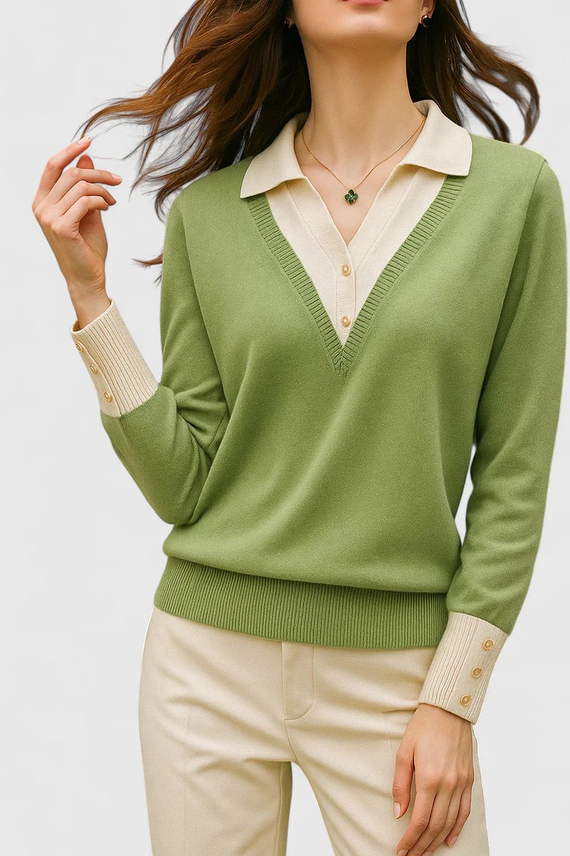 Mila | Damen V-Ausschnitt Polo-Pullover mit Knopfmanschetten