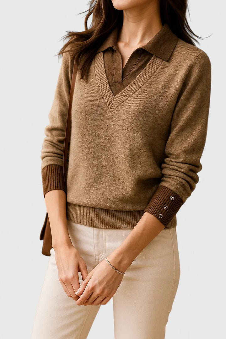 Mila | Damen V-Ausschnitt Polo-Pullover mit Knopfmanschetten