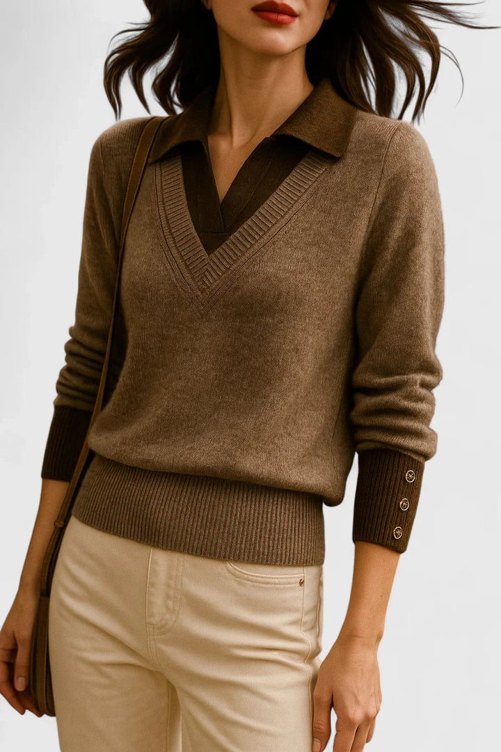 Mila | Damen V-Ausschnitt Polo-Pullover mit Knopfmanschetten