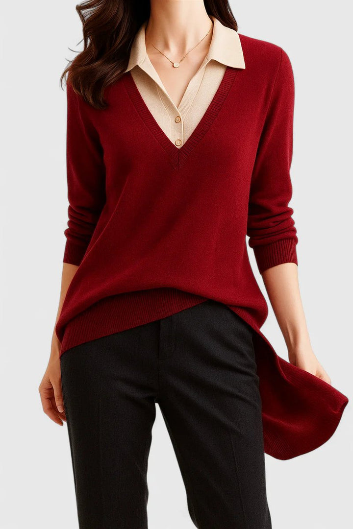 Mila | Damen V-Ausschnitt Polo-Pullover mit Knopfmanschetten