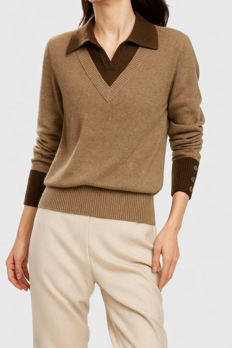 Mila | Damen V-Ausschnitt Polo-Pullover mit Knopfmanschetten