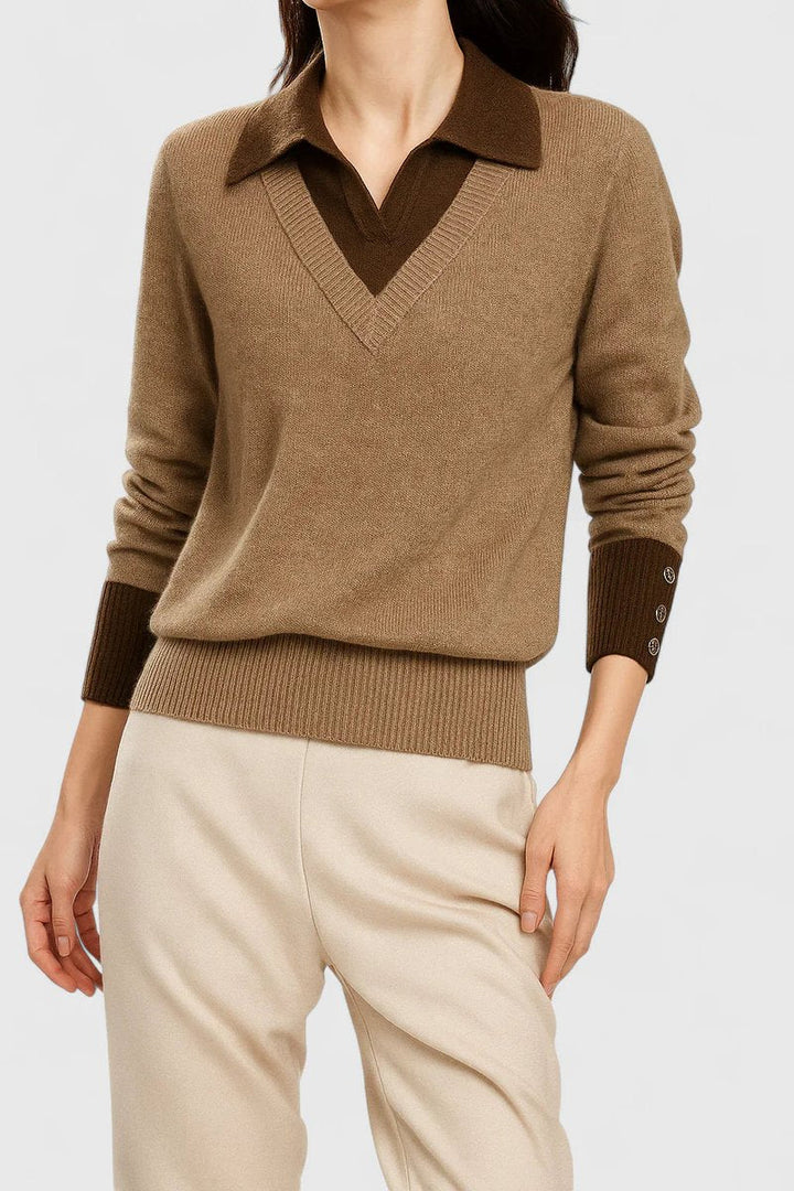 Mila | Damen V-Ausschnitt Polo-Pullover mit Knopfmanschetten