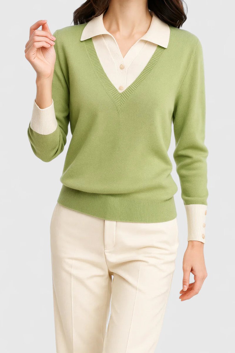 Mila | Damen V-Ausschnitt Polo-Pullover mit Knopfmanschetten