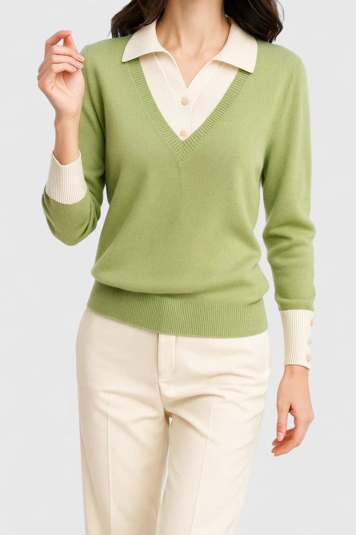 Mila | Damen V-Ausschnitt Polo-Pullover mit Knopfmanschetten