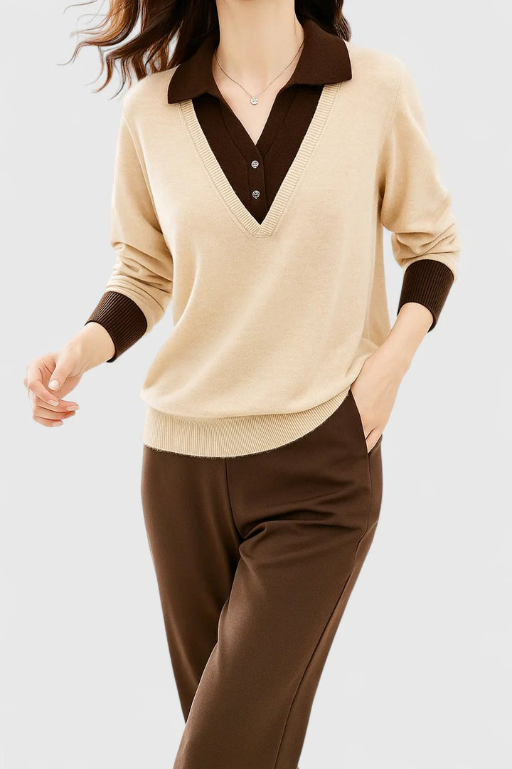 Mila | Damen V-Ausschnitt Polo-Pullover mit Knopfmanschetten