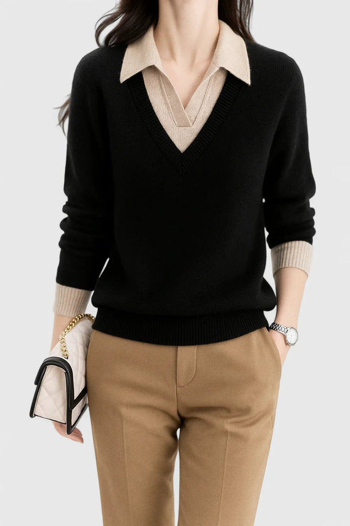 Mila | Damen V-Ausschnitt Polo-Pullover mit Knopfmanschetten