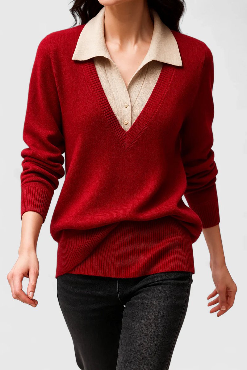 Mila | Damen V-Ausschnitt Polo-Pullover mit Knopfmanschetten