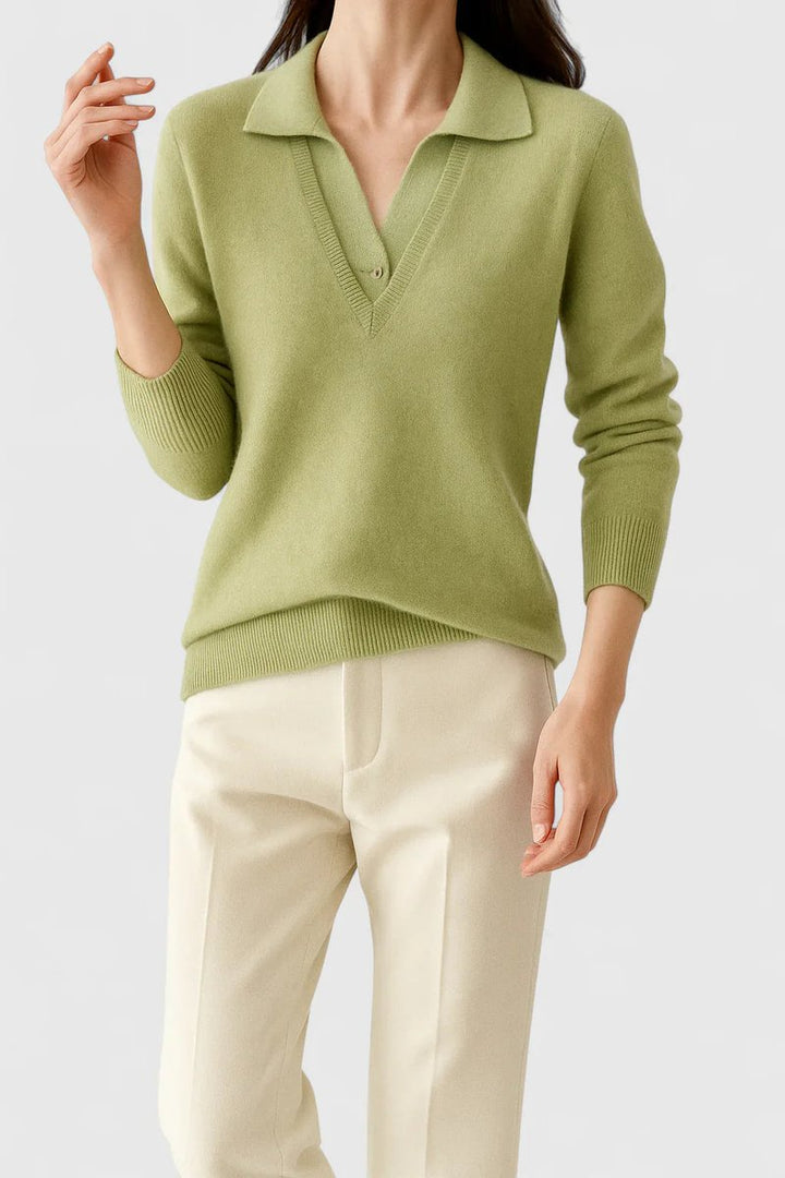 Mila | Damen V-Ausschnitt Polo-Pullover mit Knopfmanschetten