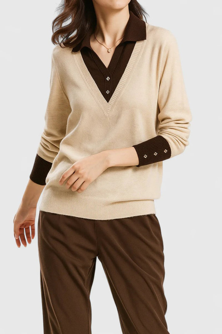 Mila | Damen V-Ausschnitt Polo-Pullover mit Knopfmanschetten