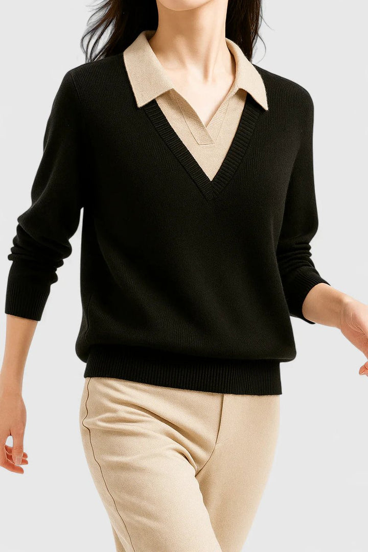 Mila | Damen V-Ausschnitt Polo-Pullover mit Knopfmanschetten