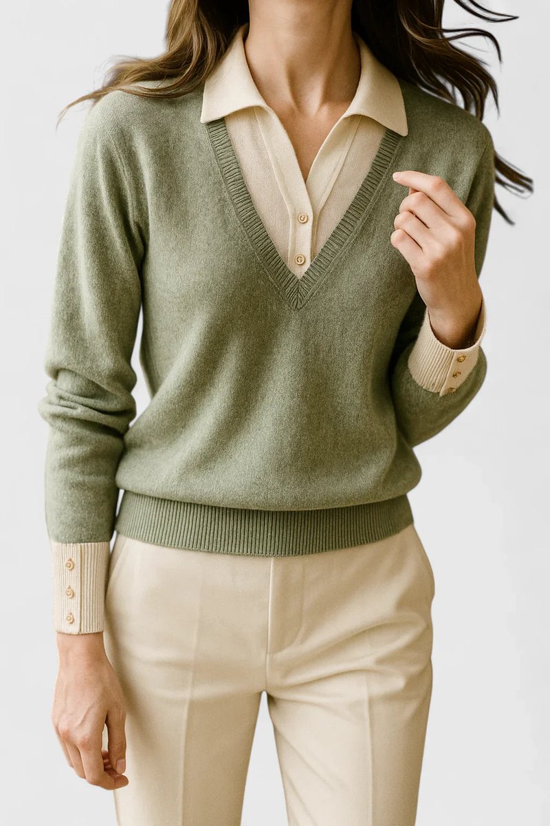 Mila | Damen V-Ausschnitt Polo-Pullover mit Knopfmanschetten