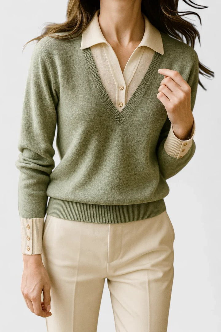 Mila | Damen V-Ausschnitt Polo-Pullover mit Knopfmanschetten