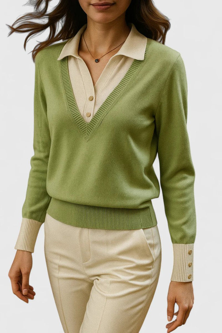 Mila | Damen V-Ausschnitt Polo-Pullover mit Knopfmanschetten