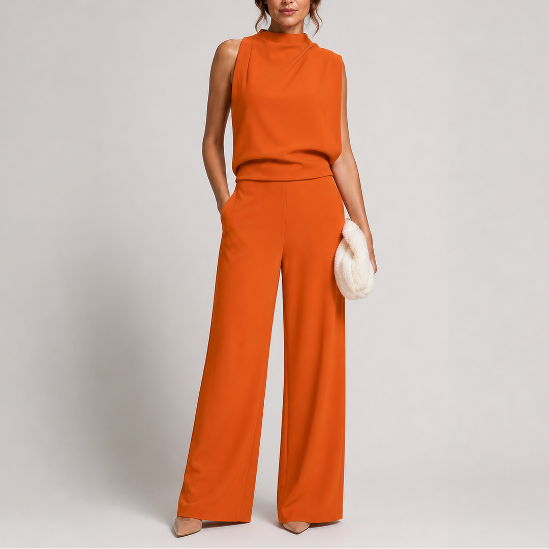 Damen-Jumpsuit mit Stehkragen, weitem Bein und Taschen