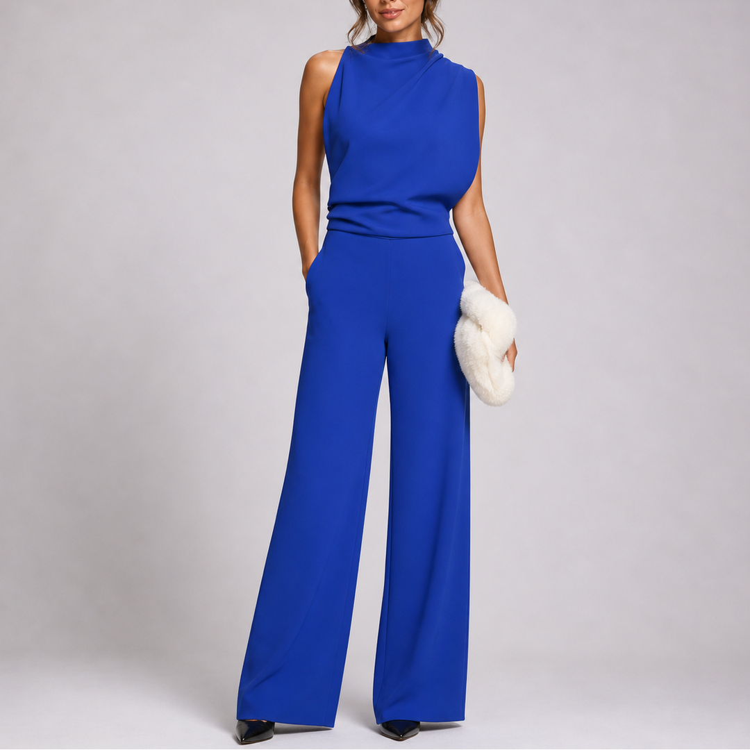 Damen-Jumpsuit mit Stehkragen, weitem Bein und Taschen