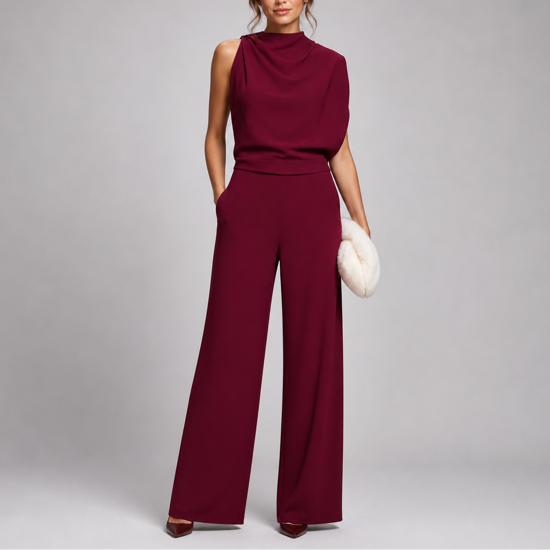 Damen-Jumpsuit mit Stehkragen, weitem Bein und Taschen