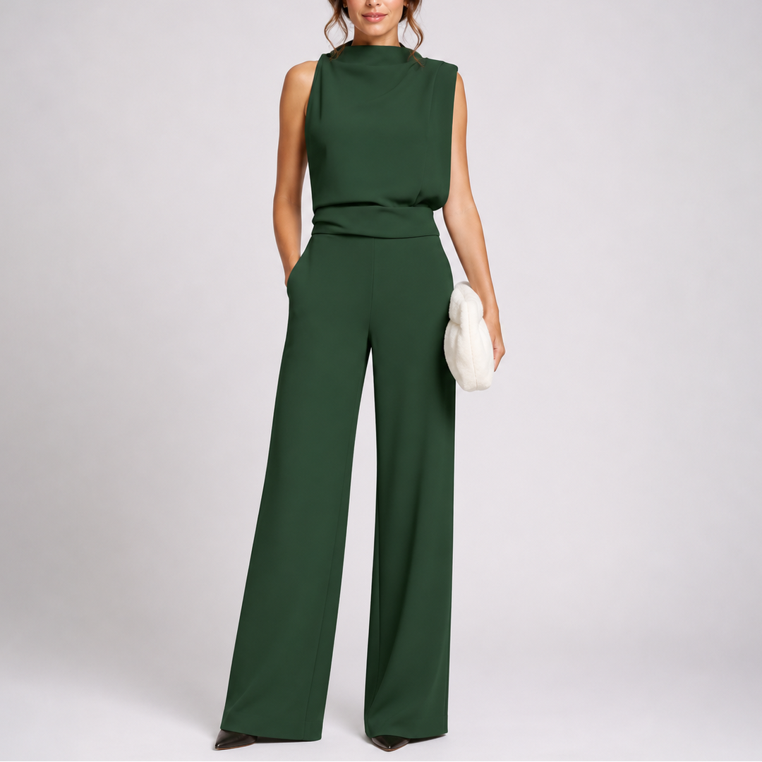 Damen-Jumpsuit mit Stehkragen, weitem Bein und Taschen