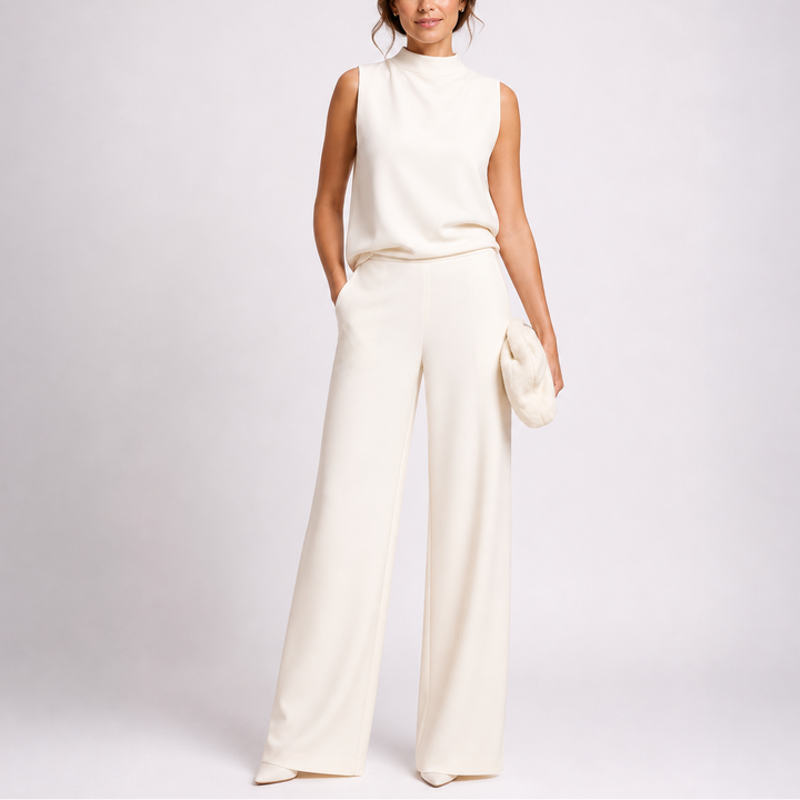 Damen-Jumpsuit mit Stehkragen, weitem Bein und Taschen
