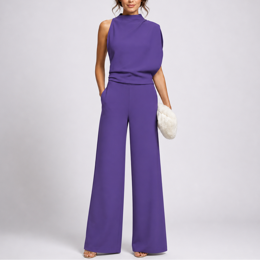 Damen-Jumpsuit mit Stehkragen, weitem Bein und Taschen