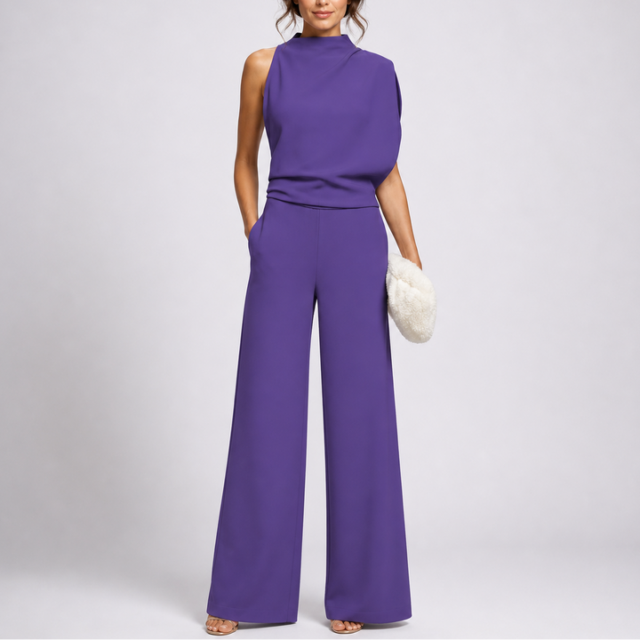 Damen-Jumpsuit mit Stehkragen, weitem Bein und Taschen