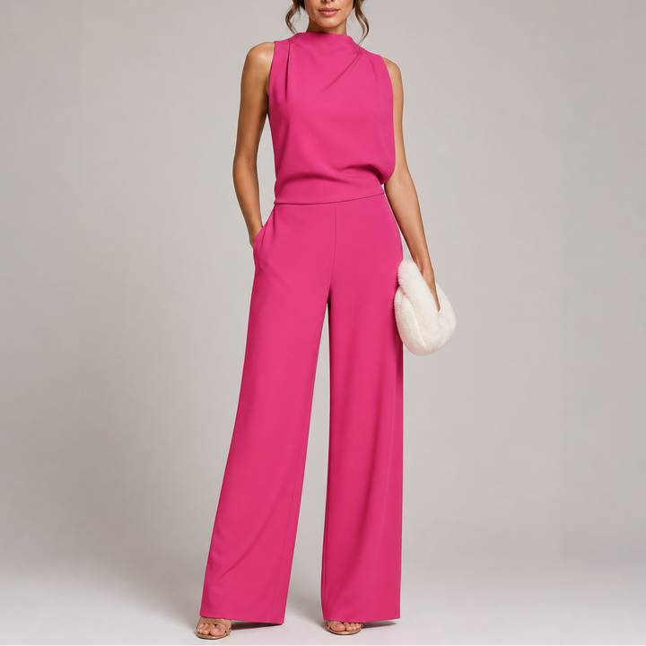 Damen-Jumpsuit mit Stehkragen, weitem Bein und Taschen