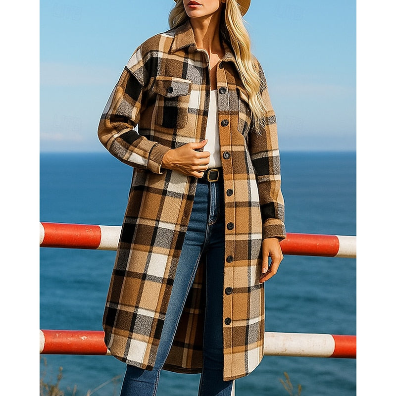 Damen Karo-Mantel im Longline-Schnitt mit Knöpfen und Taschen