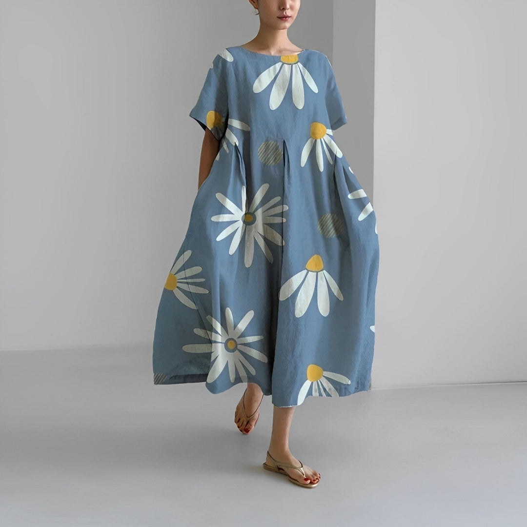 Floria | Lebhaftes Blumenkleid für Damen mit Rundhalsausschnitt und kurzen Ärmeln
