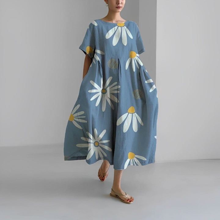 Floria | Lebhaftes Blumenkleid für Damen mit Rundhalsausschnitt und kurzen Ärmeln