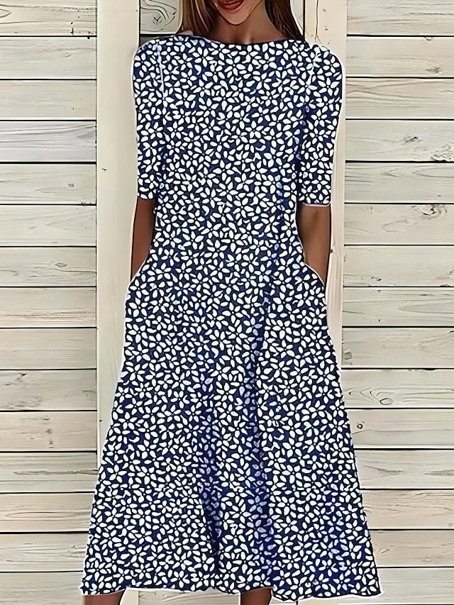 Sela | Küstenblumen Midi Kleid für Damen mit Rundhalsausschnitt und kurzen Ärmeln